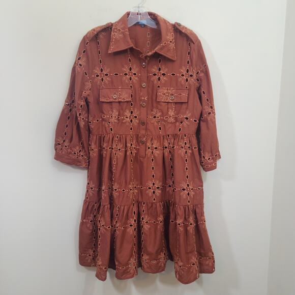 Eva Franco large eyelet chocolate brown 3/4 sleeve button front dress size M - Picture 2 of 9